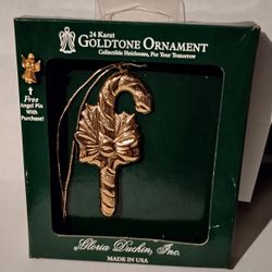 Christmas Gloria Duchin 24 Karat Gold Tone Candy Cane Ornament and Angel Pin Vintage Collectible