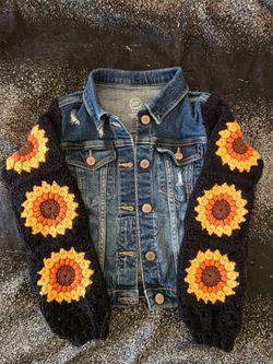 Child's Denim Jacket with Sunflower Crocheted Sleeves