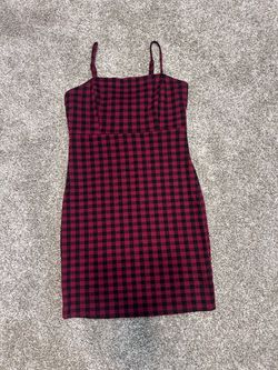 90s Vintage Style Red & Black Gingham Plaid Mini Slip Dress (Small)