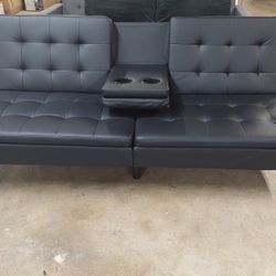 New Futon Sofa With Cup Holders Faux Leather Black See Pictures For Dimensions 