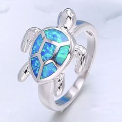 Opal Blue Turtle 925 SP Earrings And Ring Set NEW