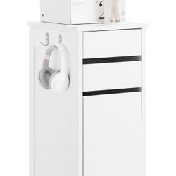 Home Office Stand Mobile Filing Cabinet with Hidden Shelf Living Room Storage Cabinet with Drawers Side Table with Hooks, White FWT108-W