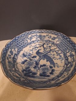 Vintage Andrea Saduk Blue and White Porcelain Signed Serving Platter Peacock Bowl-$40