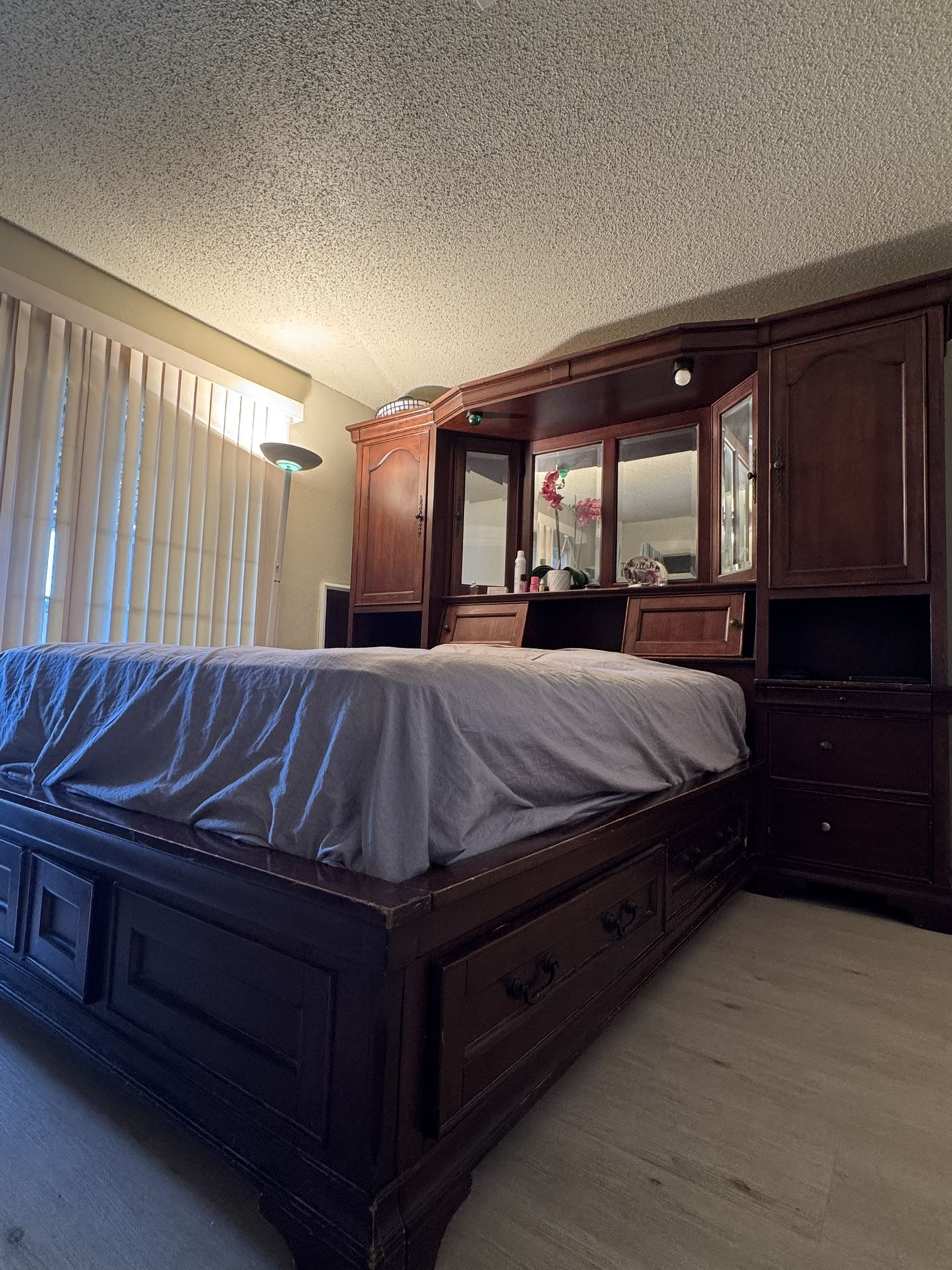Antique Solid Wood Bed with Large Dresser and Storage Drawers – Gently Used, roughly Queen/King size