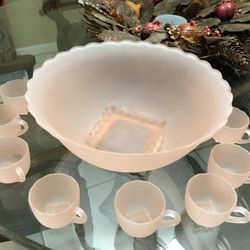 Vintage Frosted Glass Punch Bowl with 11 cups