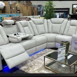 Leather Recliner Sectional With LED & Speakers