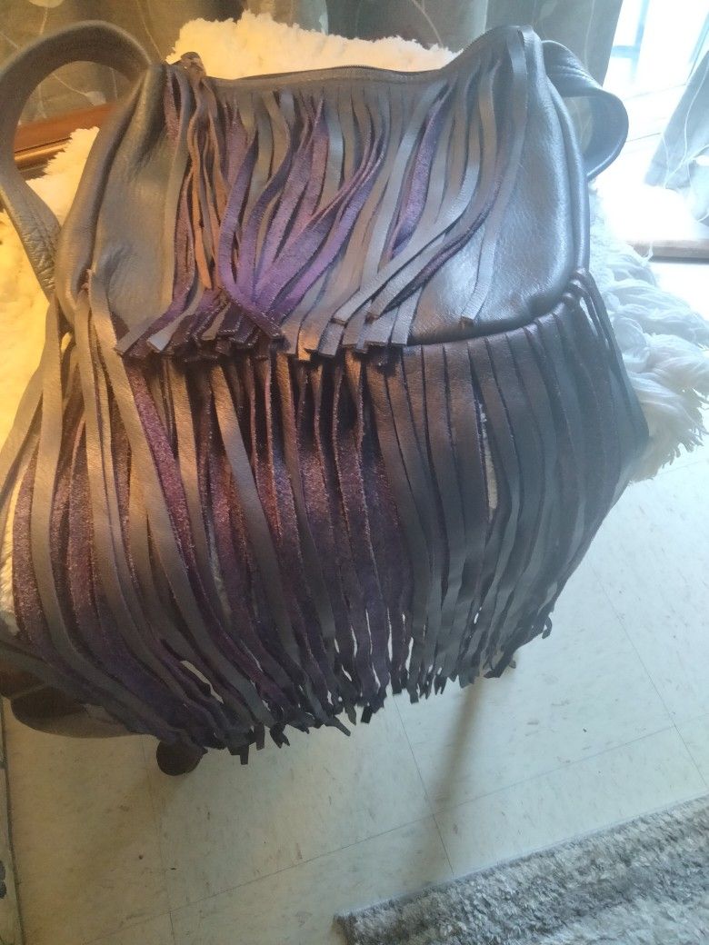 Blue Leather Shoulder Bag With Long Fringe