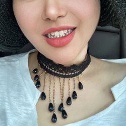 Beautiful Lace Choker Necklace With Dangling Diamond-cut Beads 