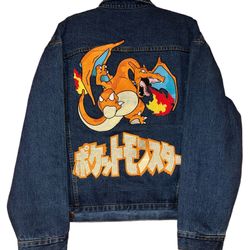 Pokémon Charizard Anime Denim Jean Jacket Rare Tee Embroidered