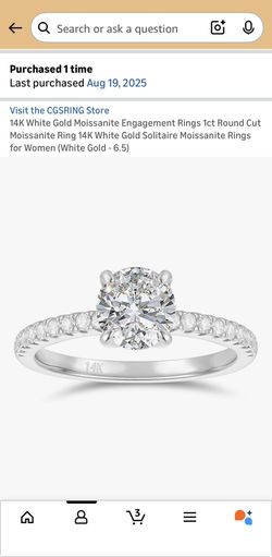 14K White Gold Moissanite Engagement Ring 1ct Round Cut Solitaire Size 6.5