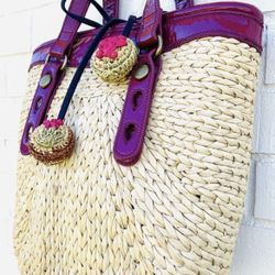 Lucky Brand Chic Everyday Straw + Purple Patent Leather Trim Shoulder Tote Bag