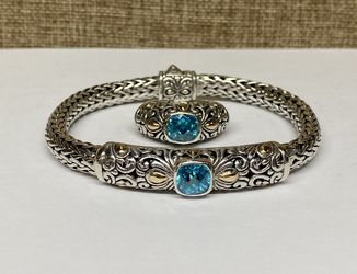 SAMUEL BENHAM (BJC) 925 Sterling Silver And 18K Gold & Blue Topaz Wheat Link Bracelet And Ring Set!!!