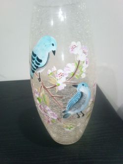 Hand-Painted Crackle Glass Vase with Birds