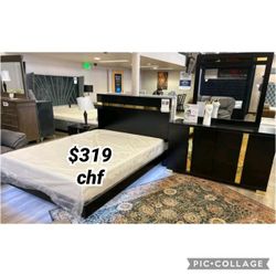 Black / Gold Queen Size Bed Frame With Underbed LED 