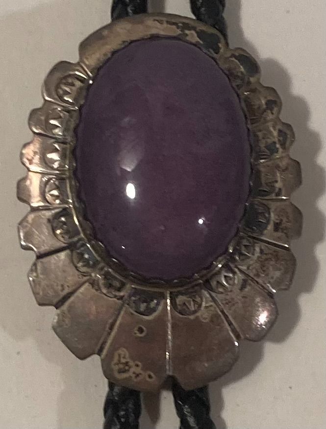 Vintage Metal Bolo Tie Nice Silver with Purple Stone Design Nice Western Design 1 3/4
