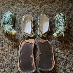 Vintage Chinese Green Ox / Bull Figurines with Wooden Bases – Pair