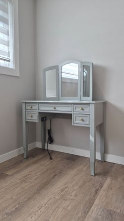 Grey Vanity Dressing Table with Tri-Fold Mirror
