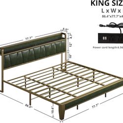 King Bed Frame, Storage Headboard with Charging Station, Solid and Stable, Noise Free, No Box Spring Needed, Easy Assembly (Dark Green)