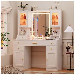 White Vanity Desk with Mirror, Lights and Charging Station - Large Makeup Table Set with RGB Cabinets and 3 LED Light Modes
