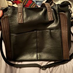 Black & Brown Vegan Leather Tote Bag – Multi Pocket w/ Strap