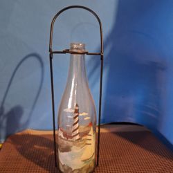 Vintage Hanging Light House  Bottle Wine Glass Kitchen Decor In Metal Carrier  For Tea Light Candle Holder-$10.00
