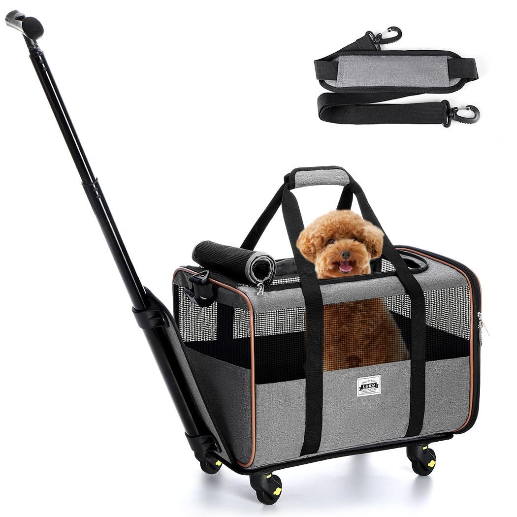 Lekereise Cat Dog Carrier With Wheels Airline Approved Rolling Pet Carrier With Telescopic Handle And Shoulder Straps, Grey 1 - Grey