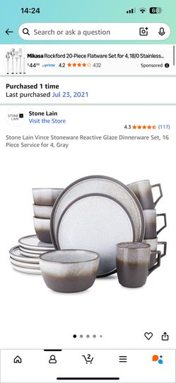 Stone Lain Vince Stoneware Reactive Glaze Dinnerware Set, 16 Piece Service for 4, Gray