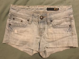 Express Size 0 light Denim Shorts with purple embroidery