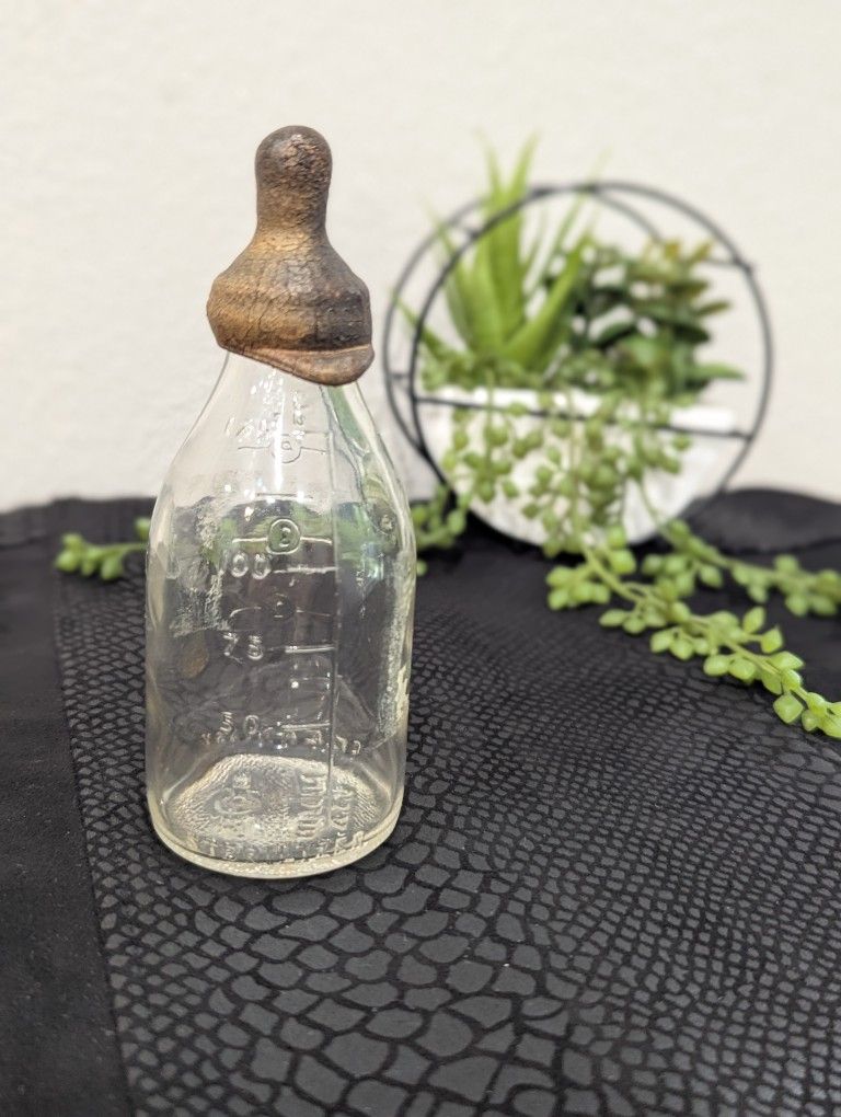Antique Glass Baby Nursing Bottle With Rare Old Rubber Nipple 4oz Collectible