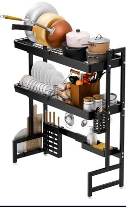 Over The Sink Dish Drying Rack, Telescopic Dish Rack, Dish Drainers for Kitchen Counter, Adjustable Length (25"-39"), 2 Tier Large Dish Rack Black