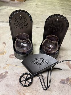Vintage Homco Punched Heart Metal Sconce Pair & Matching Wheelbarrow Planter
