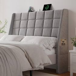Ergonomic Upholstered Full Size Headboard w/Charging Station, Linen Wingback Headboards w/Storage Pocket, Full Headboard Only, Bed Frame Adapters, Stu
