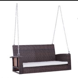 New in box Outsunny 2 Person Wicker Hanging Swing Bench, Front Porch Swing Outdoor Chair with Cushions 550 lbs. Weight Capacity for Backyard, Garden, 