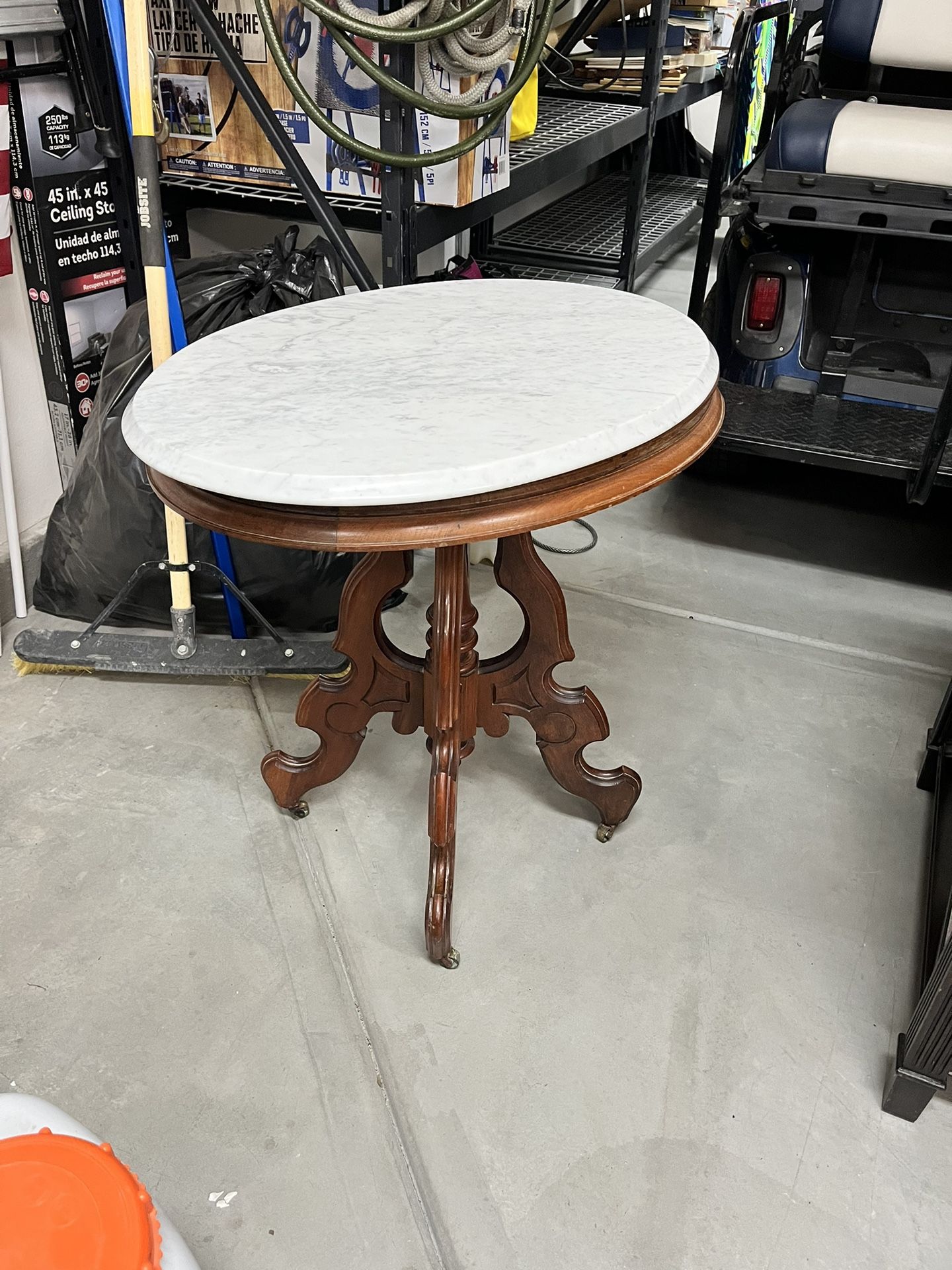 Antique Wood Side Table With Solid Marble Top