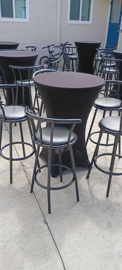 30" cocktail tables, spandex tablecloths, bar stools, umbrellas
