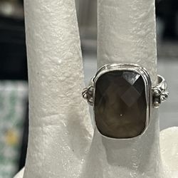 925 Checker beard Cut Smoke Quartz Ring