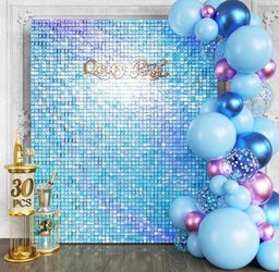 Open box QCITY Rainbow Blue Shimmer Wall Backdrop 30PCS, Black Back Not See-Through Design, Square Sequin Glitter Backdrop Panel, Perfect for Outdoor