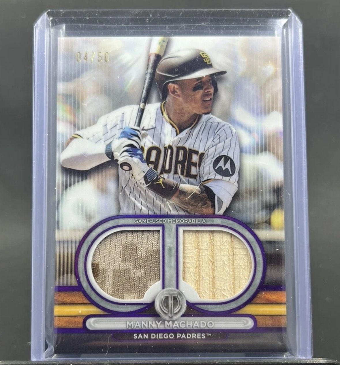 Manny Machado 2024 Topps Tribute #DR-MM Purple /50 SP Game Used Dual Relic Patch