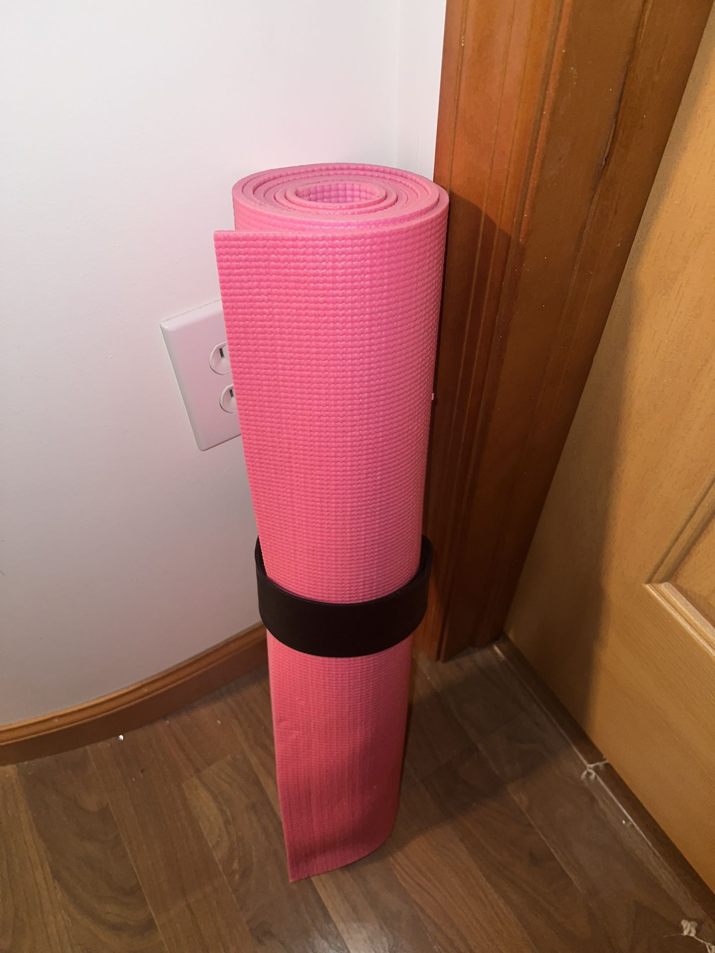 Pink Yoga Mat, Black Yoga Mat Slap Band & Black Reehut Balance Ball