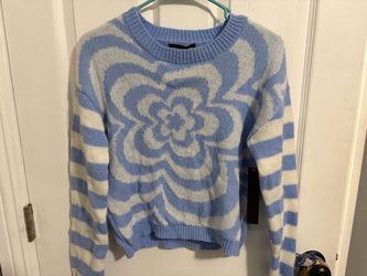 Blue and White Floral Knit Sweater