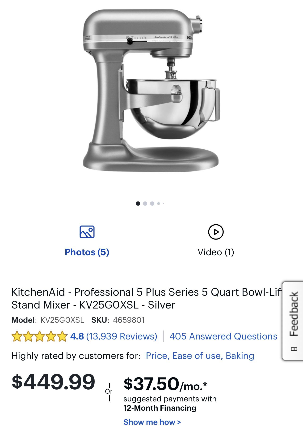 KitchenAid KV25G0XSL Professional 5 Plus Series Stand Mixers, Silver 