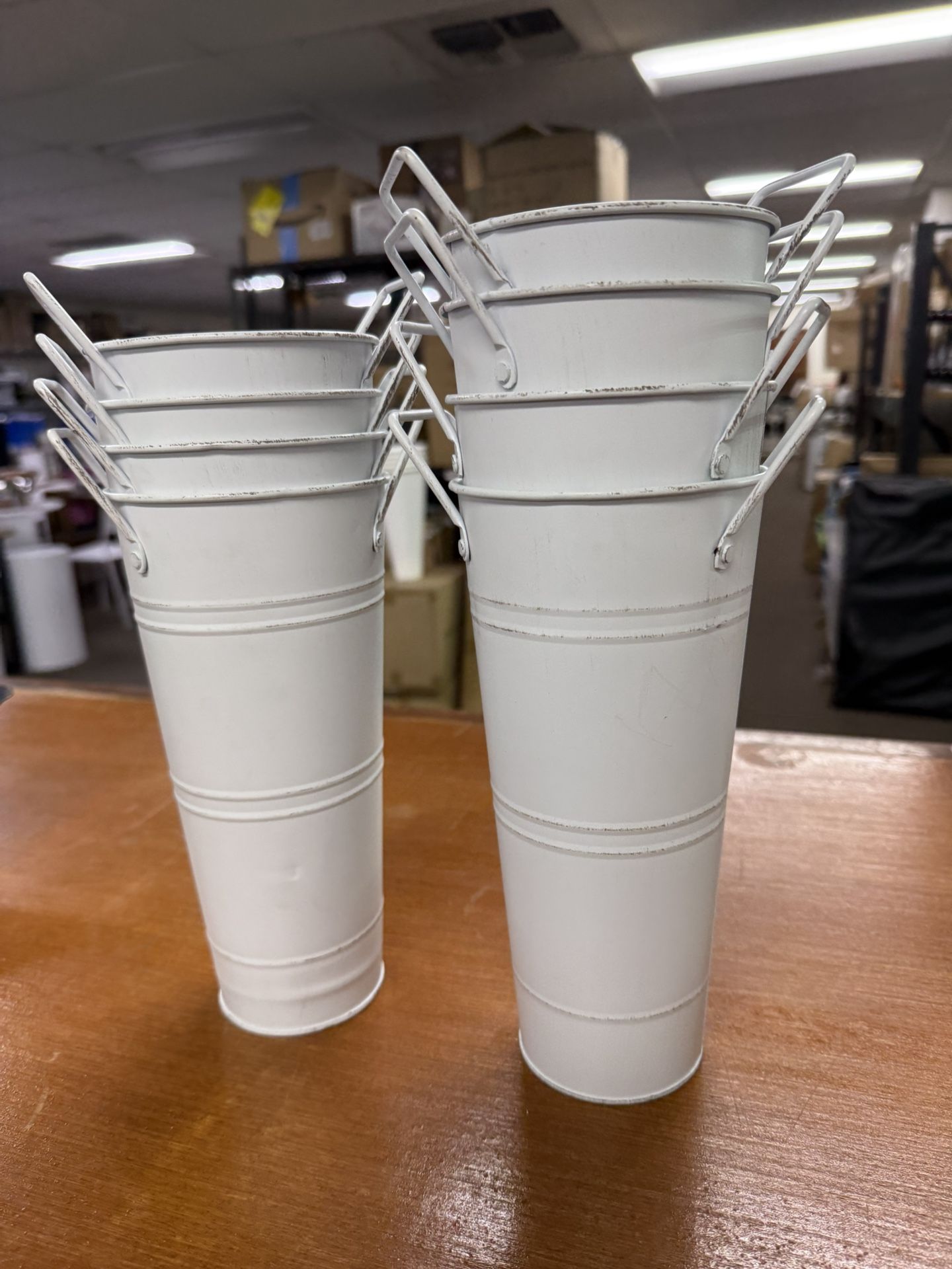 White Flower Buckets, 6 Pcs 9.8" Tall Galvanized Metal Vases with Waterproof Coating, French Flower Bucket