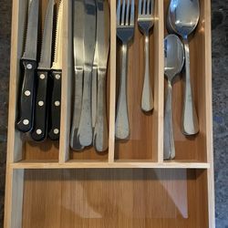 36 pieces silverware set, service for 6, include knife/fork/spoon with bamboo organizer box