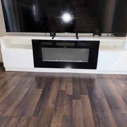 White Modern TV Stand W Electric Fireplace 