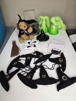 Halloween Decor Bundle Witch Hat Garland Potion Bottles Plush Dog Coasters Lot