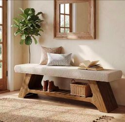 YT0098 55" Solid Wood Upholstered Bench, 2-Tier Entryway Shoe Storage Bench