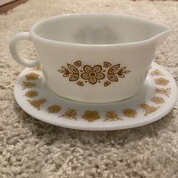 Vintage Pyrex Butterfly Gold Gravy Boat & Drip Plate