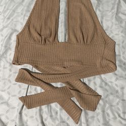 Shein Light brown tie-up cropped halter top