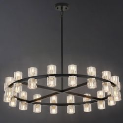 New 36” W Black Crystal Wagon Wheel Chandelier, Large Round 36-Light Pendant, Adjustable Height 