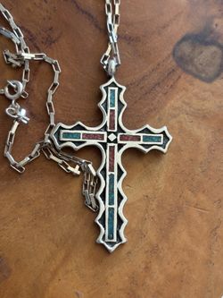 Crushed turquoise and coral jagged edge sterling cross necklace